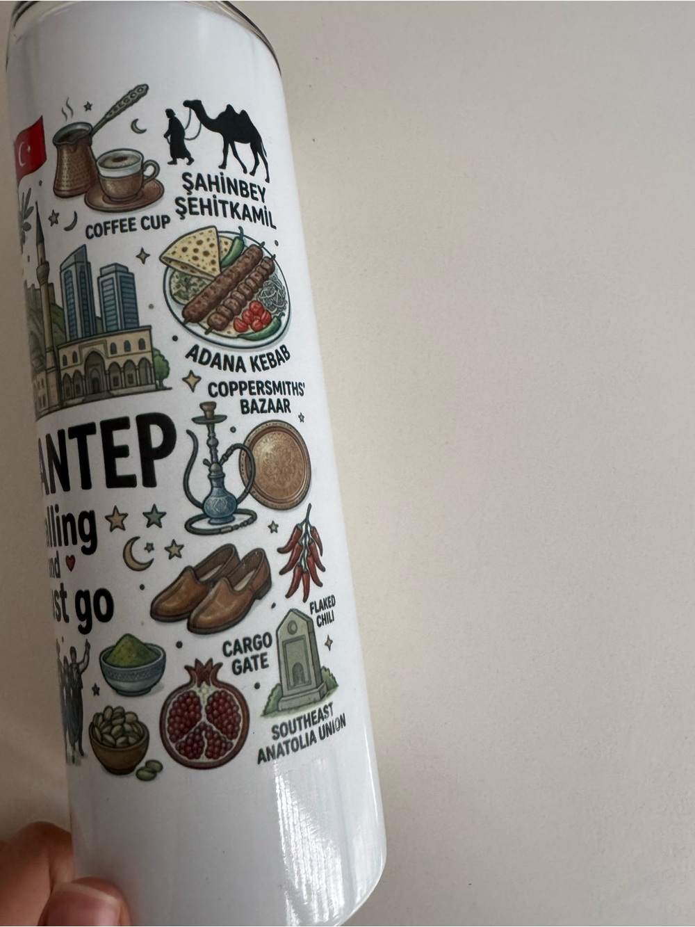 Antep Themed White Travel Tumbler with Colorful Illustrations